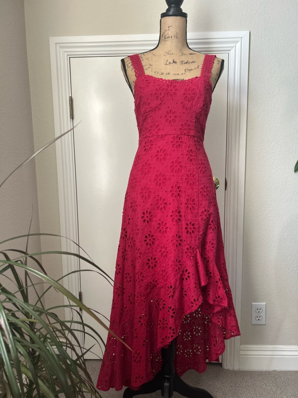 Women's Raspberry pink- Red Cotton Eyelet Midi Dress - Sleeveless A-Line